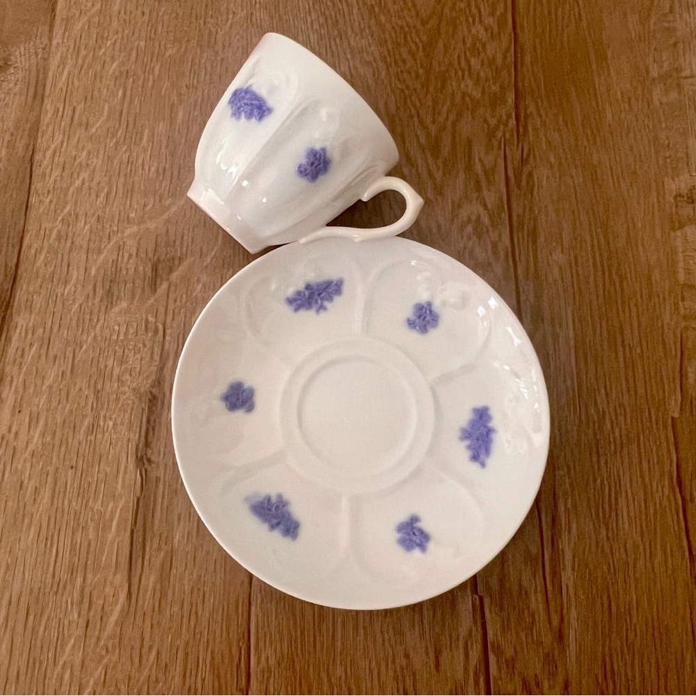 Antique 1800's Adderley Blue Chelsea Embossed Sprig Demitasse Cup & Saucer Set‎